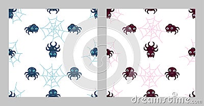 Cute cartoon spiders on white background scary seamless patterns set for boy and girl fabric, textile and decoration or halloween Vector Illustration