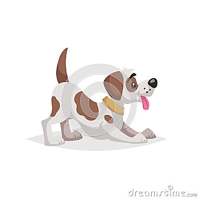 Cute cartoon spotted dog puppy makes compliment to owner. Pet animal. Flat with simple gradient illustration. Farm animal. Vector Vector Illustration
