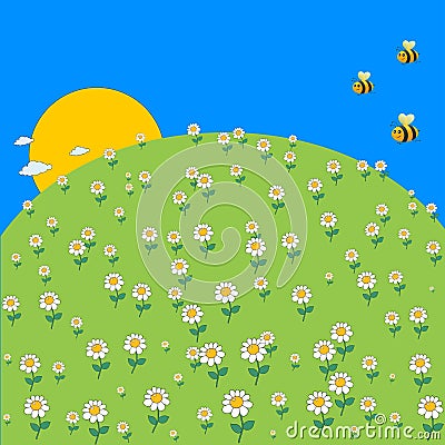 Cute cartoon spring meadow with daisy flowers and flying bee. Vector Illustration