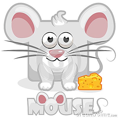 Cute cartoon square grey mouse and cheese Vector Illustration