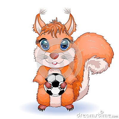 Cute cartoon squirrel with beautiful eyes holds a soccer ball Stock Photo