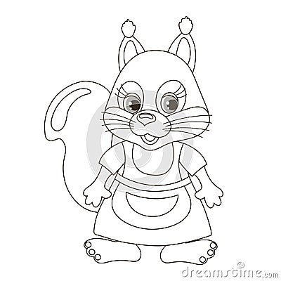 Cute cartoon squirrel character wearing a housewife apron. Sketch, contour drawing for coloring. Vector Illustration