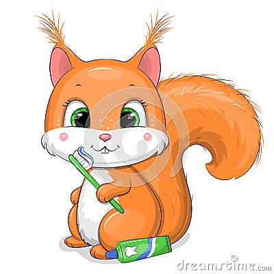A cute cartoon squirrel with toothpaste and a toothbrush is brushing the teeth. Vector Illustration