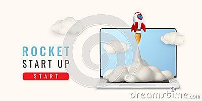 Cute cartoon start up banner with laptop, rocket and clouds. Vector illustration Vector Illustration
