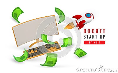 Cute cartoon start up banner with monitor, keyboard, rocket and green dollars. Vector illustration Vector Illustration