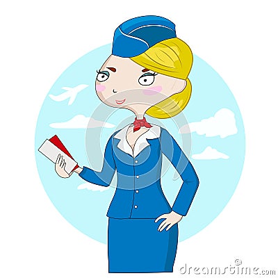 Cute cartoon stewardess with airplane tickets Vector Illustration