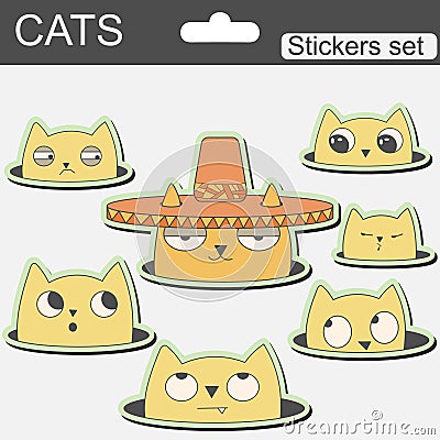 Cute cartoon stickers cats in hat Vector Illustration