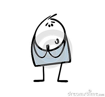 Cute cartoon stickman looks questioningly, asks and begs. Vector illustration of funny boy with a pleading look. Cartoon Vector Illustration