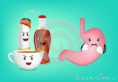 Cute cartoon stomach character fear acid of coffee Vector Illustration