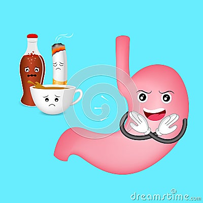 Cute cartoon stomach character say no. Vector Illustration