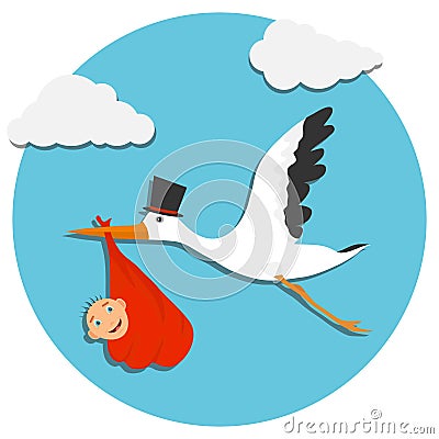 Cute cartoon stork and baby. Card with stork and baby on blue sky. Vector illustration of a flying bird carrying Cartoon Illustration