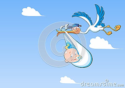 Cute cartoon stork and baby. A flying bird carrying a newborn baby, against a blue sky with white clouds with copy space Vector Illustration