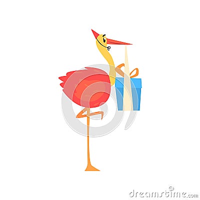 Cute cartoon stork in a red party hat carrying blue gift box cartoon vector Illustration Vector Illustration