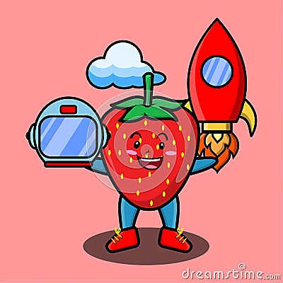 Cute cartoon Strawberry as astronaut with rocket Vector Illustration