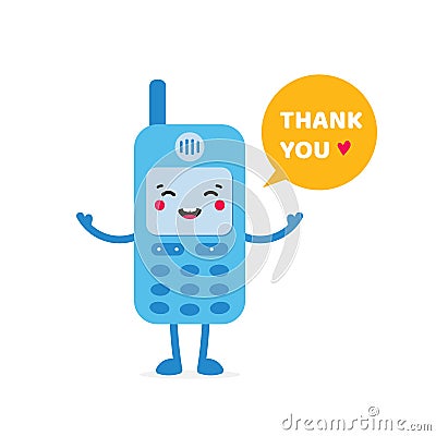 Cute cartoon style blue retro mobile phone character with speech bubble saying thank you, showing appreciation, gratitude Vector Illustration