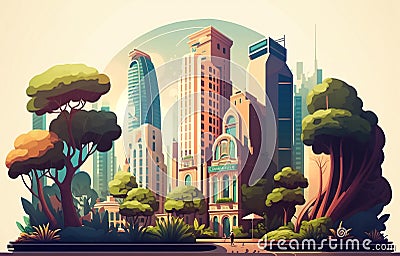 Cute cartoon style city illustration made with AI generative. Modern future futuristic city Cartoon Illustration