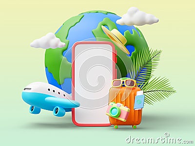 Cute cartoon style colorful travel concept with variety design element 3d render Cartoon Illustration