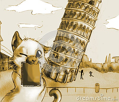 Cute sepia illustration, cat playing in front of the leaning tower of Pisa Cartoon Illustration