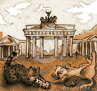 Cute sepia drawing of two cats playing near the Arc De Triomphe Cartoon Illustration