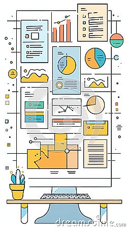 A cute cartoon Style ofA comprehensive view of an ERP software interface on a computer screen Stock Photo