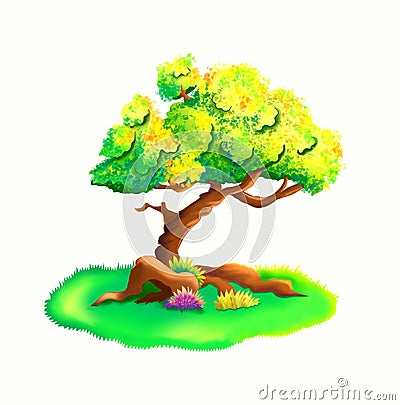 A cute cartoon style tree in the sunlight. Green, yellow and orange foliage Stock Photo