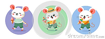 Cute cartoon stylised mice in city eating ice cream. Characters for design of children cards, books. Vector illustration Vector Illustration