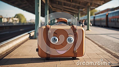 Cute cartoon suitcase eyes smile the platform design vacation Stock Photo