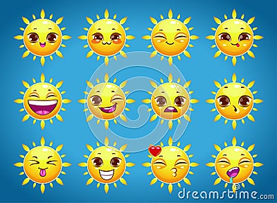 Cute cartoon sun character emotions Vector Illustration