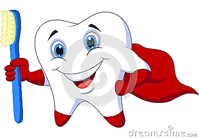 Cute cartoon superhero tooth with toothbrush Vector Illustration