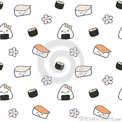 Cute cartoon sushi japanese food seamless pattern background illustration Vector Illustration