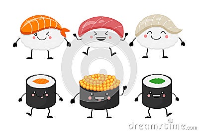 Cute cartoon sushi set characters. Kawaii sushi. Vector illustra Vector Illustration