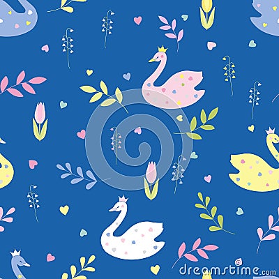 Cute cartoon swans, flowers, leaves. Seamless color vector. Vector Illustration