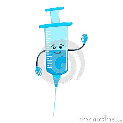Cute cartoon syringe character smiles and shows OK gesture. Medical instrument in childish style isolated on white Vector Illustration