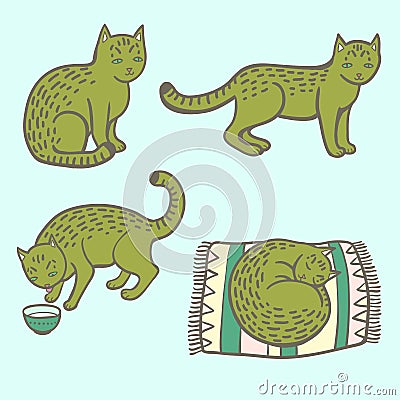 Cute cartoon tabby cat in various situations, eating, sleeping and sitting. Vector Illustration