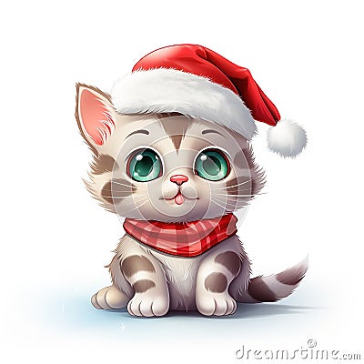 cute cartoon tabby kitten in red christmas hat isolated on white background Stock Photo