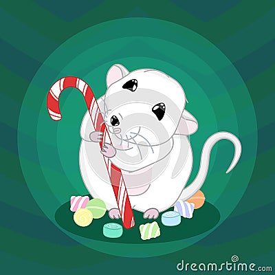 Cute little rat with sweets and candy cane, new year and christmas greeting card, winter holiday background, chinese zodiac animal Vector Illustration