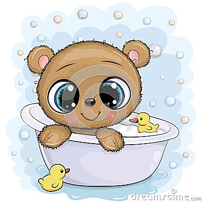 Cartoon Teddy Bear in the bathroom Vector Illustration