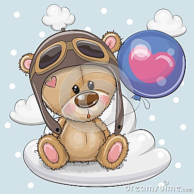 Cute Cartoon Teddy Bear boy with Balloon Vector Illustration