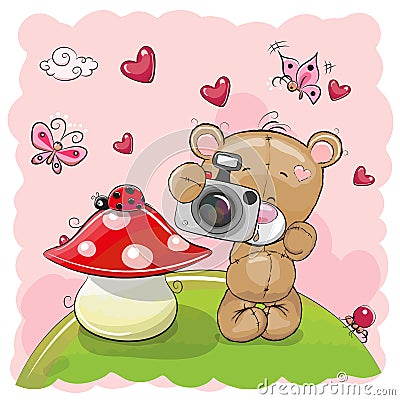 Cute cartoon Teddy Bear with a camera Vector Illustration