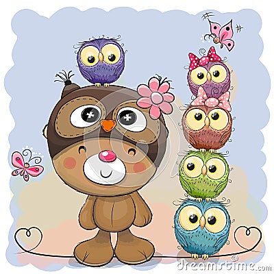 Cute Cartoon Teddy Bear and five Owls Vector Illustration