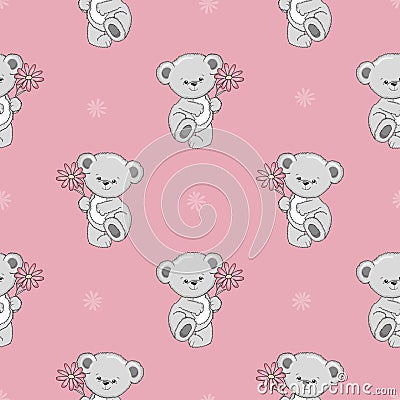 Cute cartoon Teddy bear with flower seamless pattern. Vector Illustration