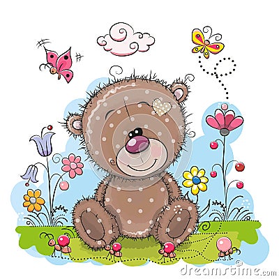 Cute Cartoon Teddy Bear with flowers Vector Illustration