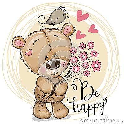 Cute Cartoon Teddy Bear with flowers Vector Illustration