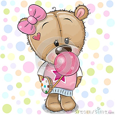 Cute Cartoon Teddy Bear girl with bubble gum Vector Illustration