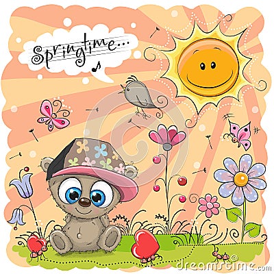 Cute Cartoon Teddy Bear on the meadow Vector Illustration