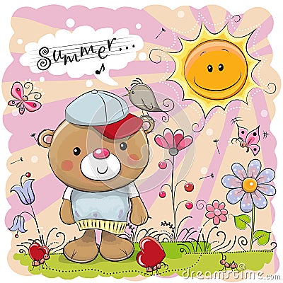 Cute Cartoon Teddy Bear on the meadow Vector Illustration