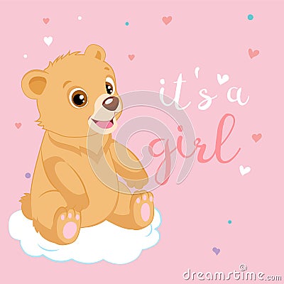 Cute Cartoon Teddy Bear Pink Design Vector. Baby Girl Teddy Bear Shower Invitation Card. Vector Illustration