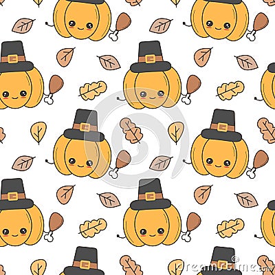 Cute cartoon thanksgiving seamless vector pattern background illustration with pumpkin holding turkey leg and autumn leaves Vector Illustration