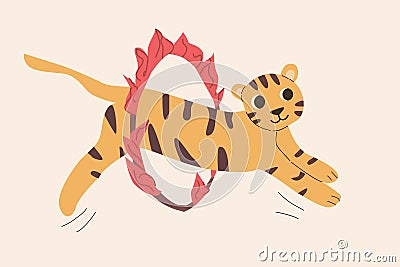 cute cartoon tiger jump in ring in retro colors Vector Illustration