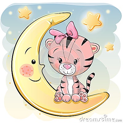 Cute Cartoon Tiger on the moon Vector Illustration